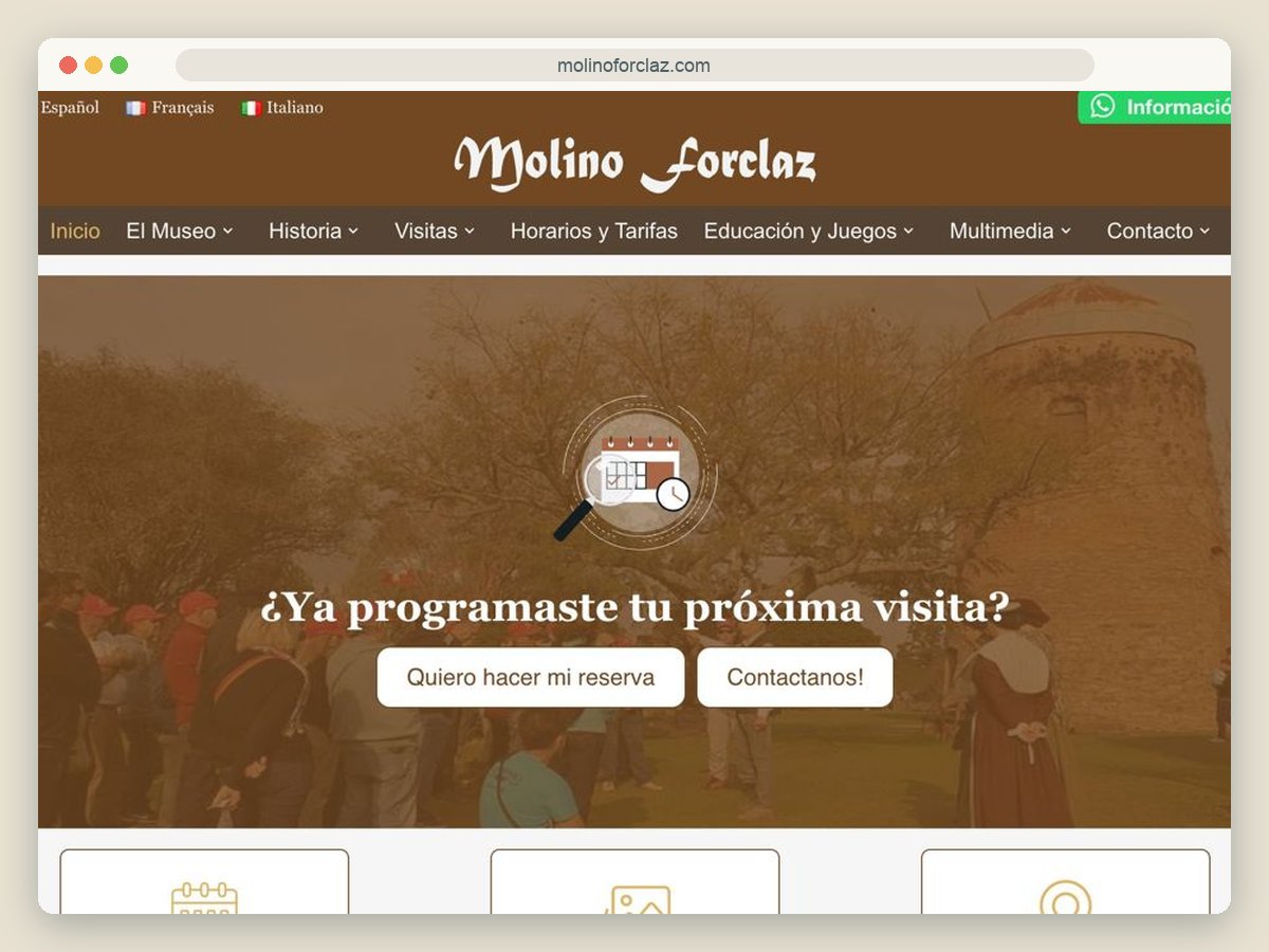 Sitio del Molino Forclaz, con selector de español, francés e italiano
