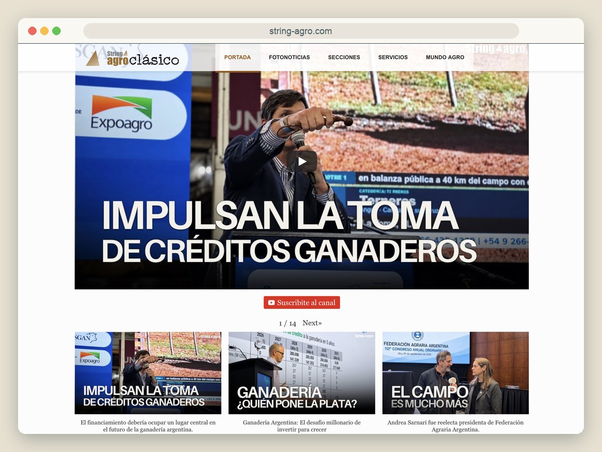 Canal de video de String Agro en la portada