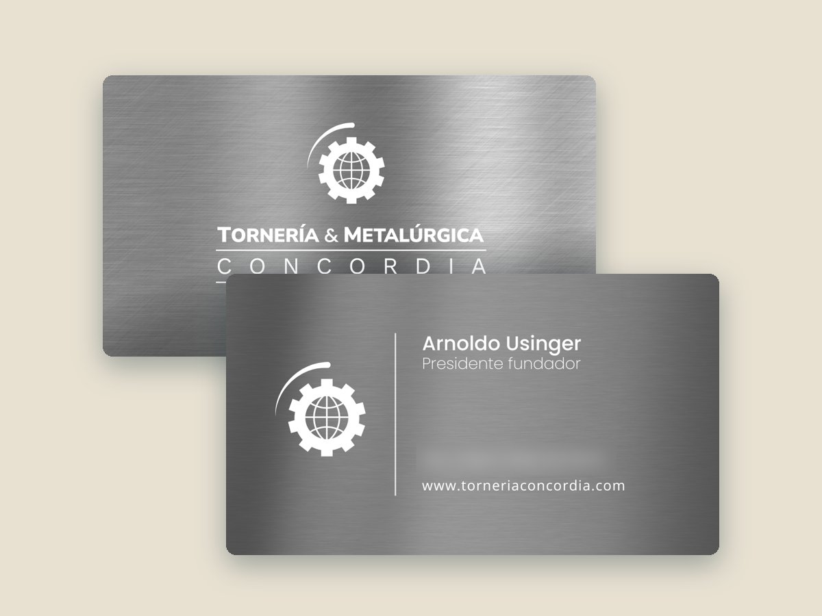 Tarjetas personales de Tornería y Metalúrgica Concordia, con los datos ocultos