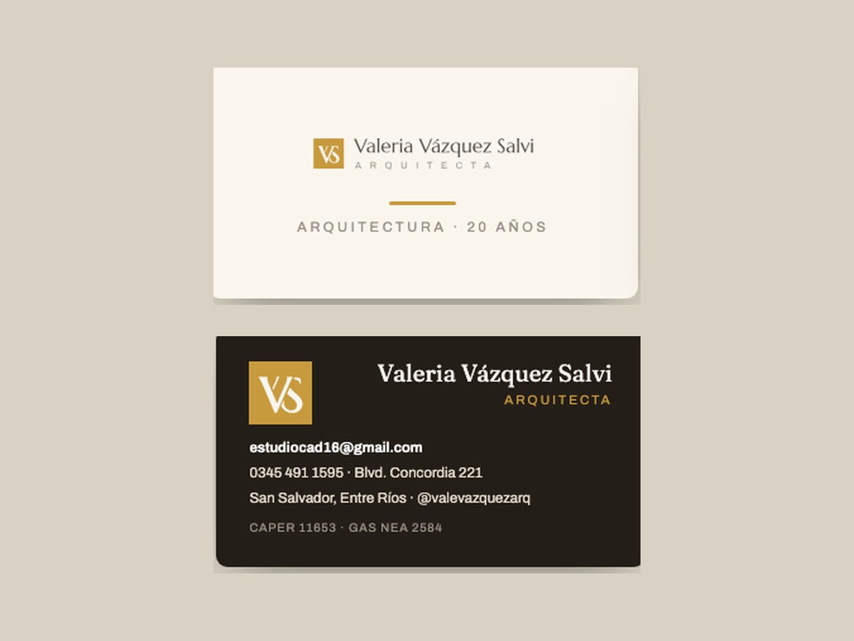 Tarjetas personales de Valeria Vázquez Salvi con su marca nueva, frente y dorso